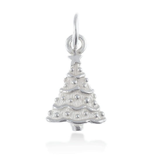 Silver personalised Christmas tree charm with engraved name and date by Scarlett Jewellery.