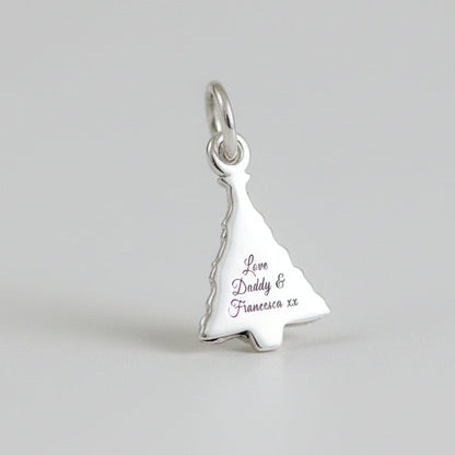 Silver personalised Christmas tree charm with engraved name and date by Scarlett Jewellery.