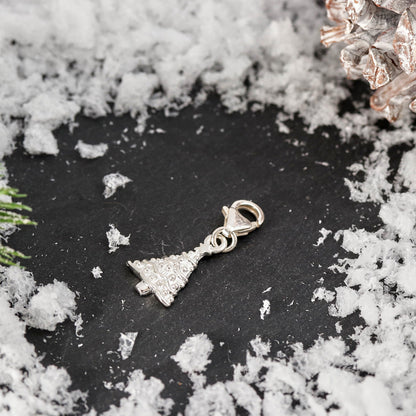 Silver personalised Christmas tree charm with engraved name and date by Scarlett Jewellery.