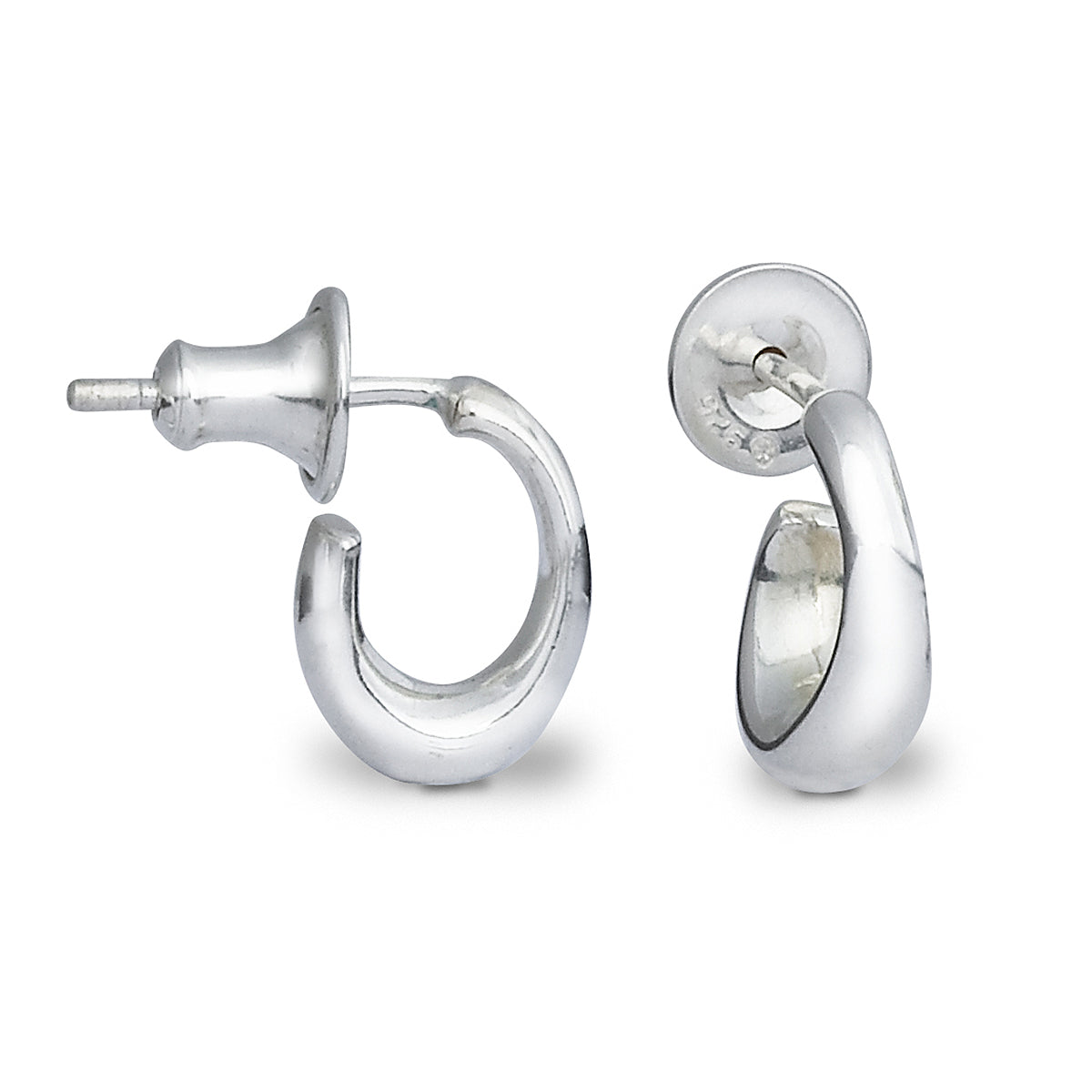Silver hoop earrings with a classic huggie design by Scarlett Jewellery.