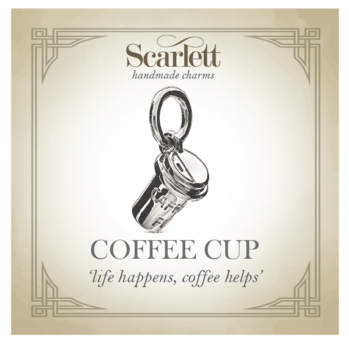 Silver coffee cup charm with intricate detailing, part of the Scarlett Jewellery collection.