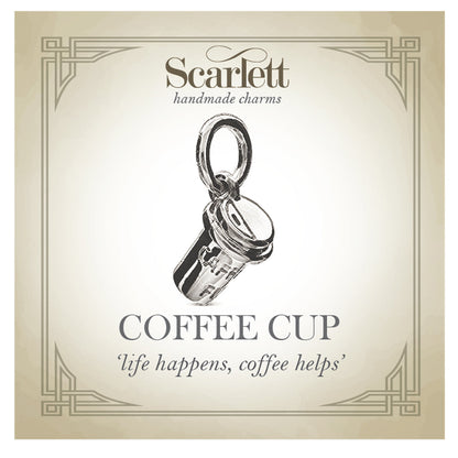 Silver coffee cup charm with intricate detailing, part of the Scarlett Jewellery collection.