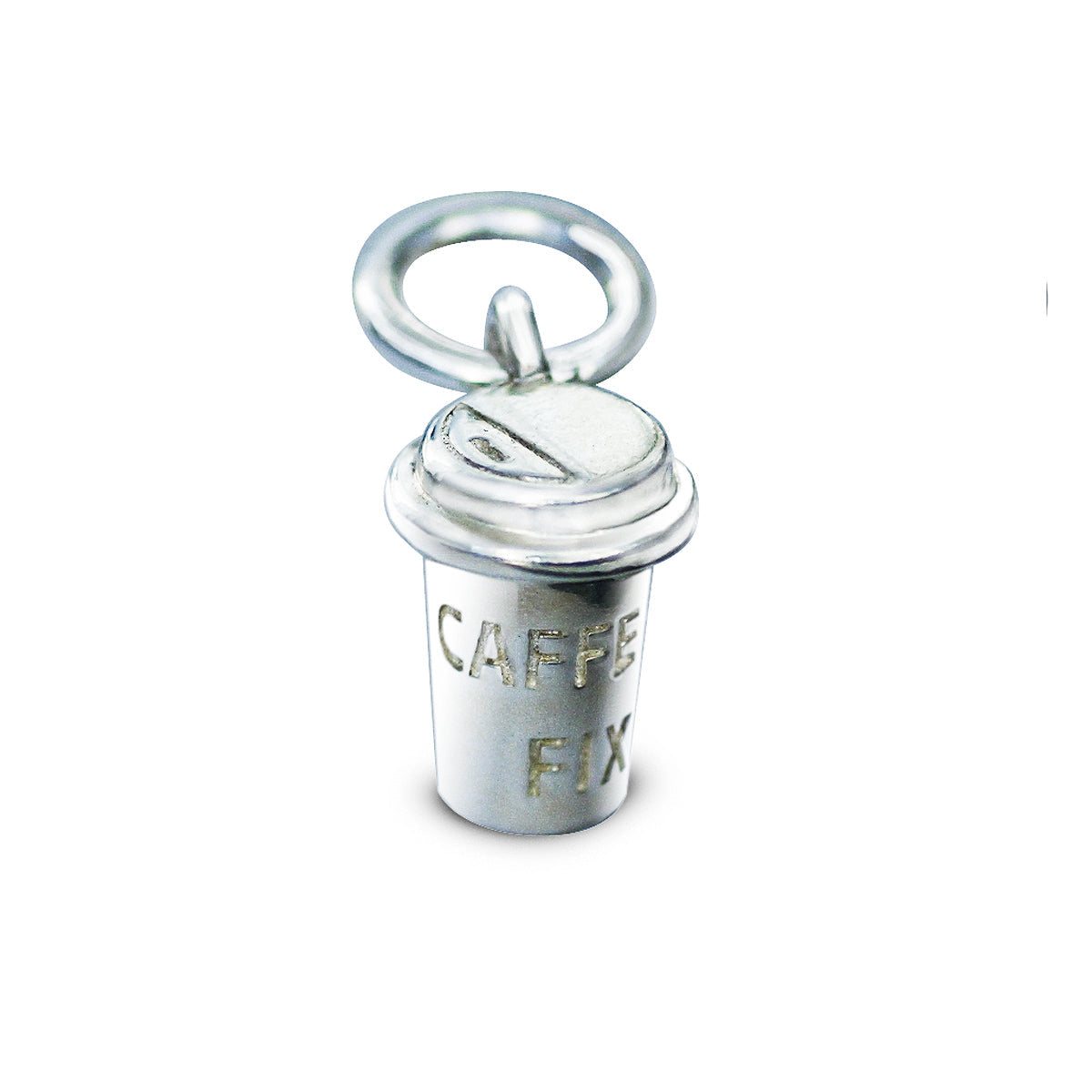 Silver coffee cup charm with intricate detailing, part of the Scarlett Jewellery collection.