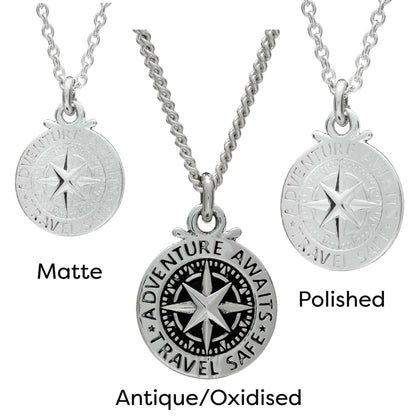 Silver compass charm with personalized engraving, styled on a leather bracelet by Scarlett Jewellery.