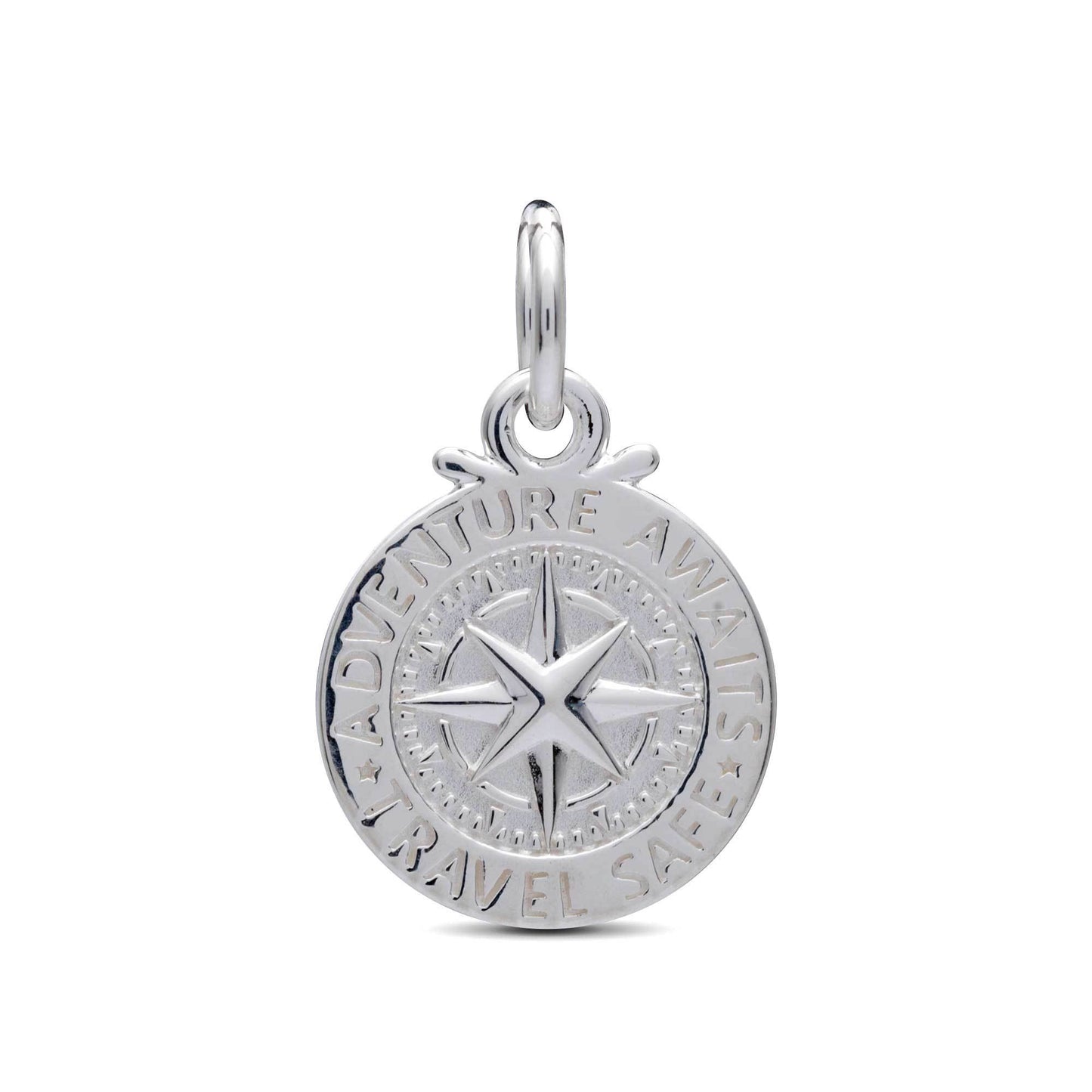 Silver compass charm with personalized engraving, styled on a jewelry display by Scarlett Jewellery.
