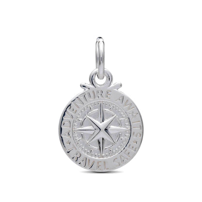 Silver compass charm with personalized engraving, styled on a jewelry display by Scarlett Jewellery.