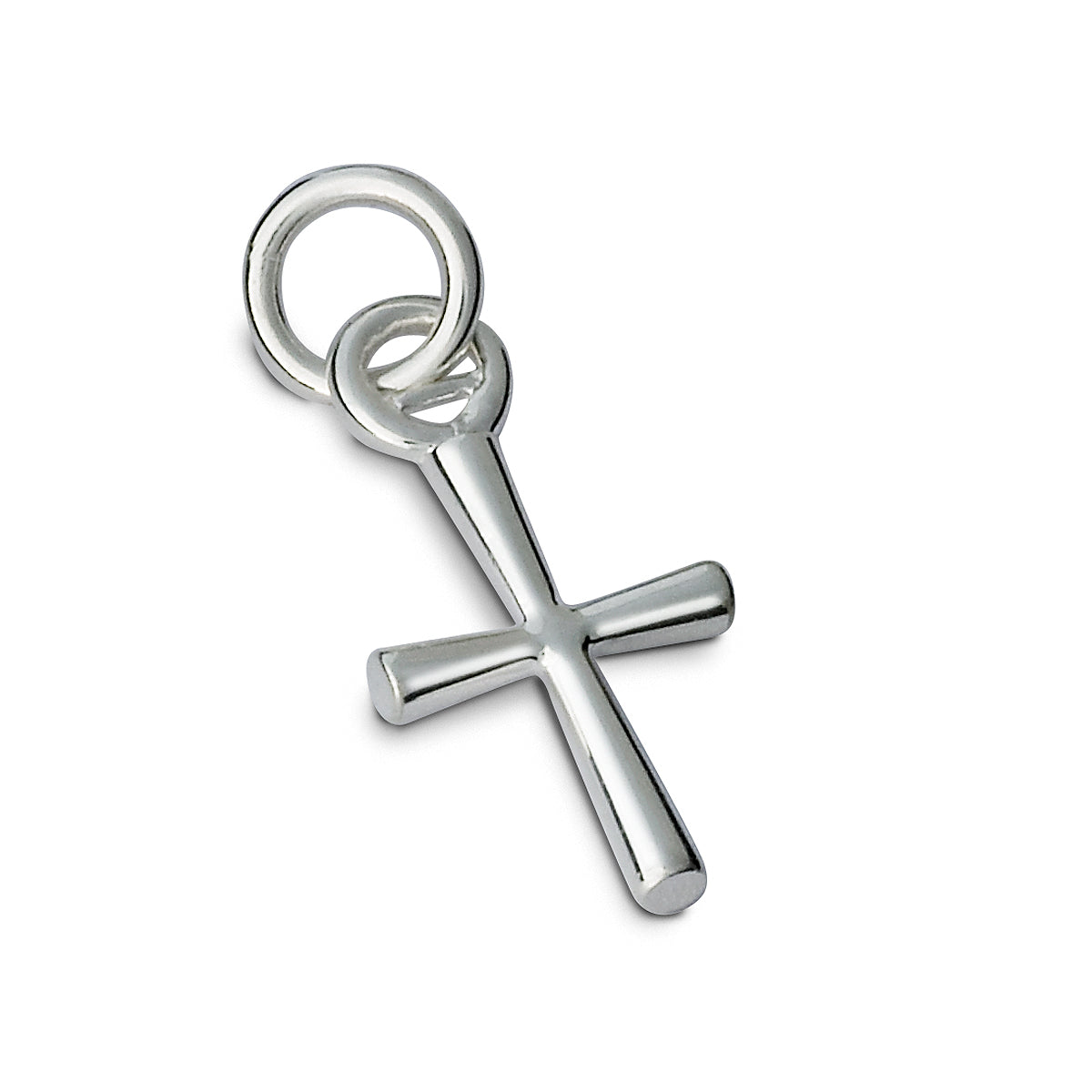 A silver cross charm with intricate detailing, displayed on a soft white background by Scarlett Jewellery.