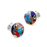 Murano glass 'Carnivale' cufflinks with sterling silver details, vibrant red and gold design, close-up shot by Benson & Clegg