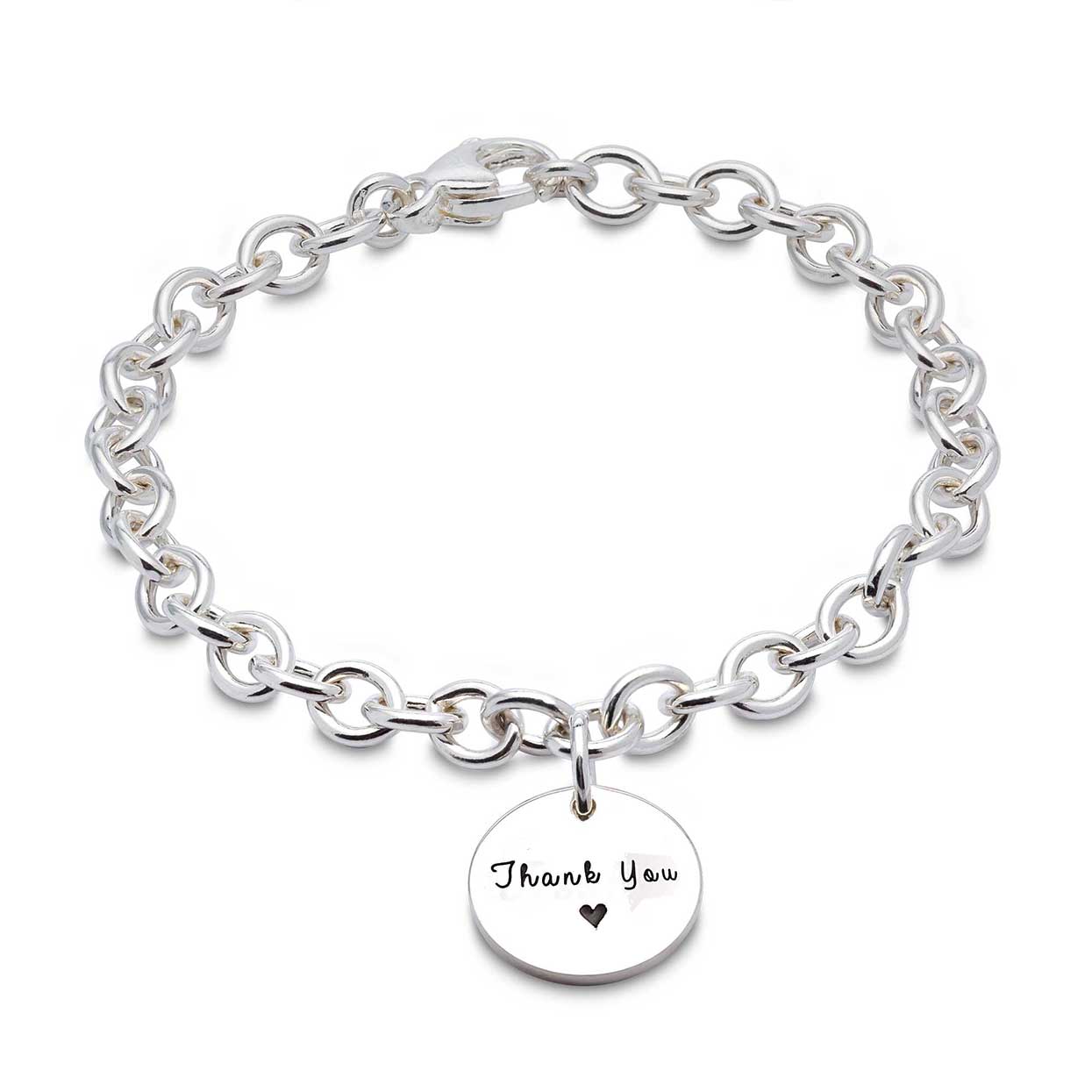 A silver round tag charm bracelet with personalized engraving, featuring a delicate chain and circular design by Scarlett Jew