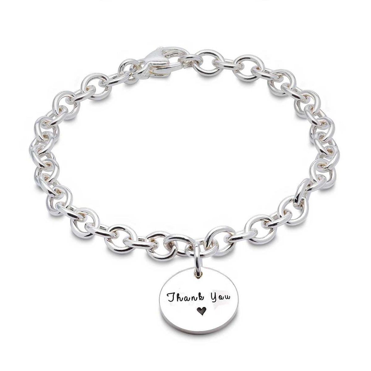 A silver round tag charm bracelet with personalized engraving, featuring a delicate chain and circular design by Scarlett Jew