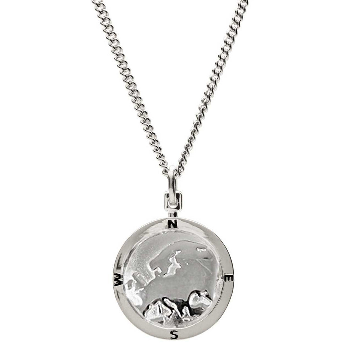Silver chain necklace featuring a personalized Europe map globe by Scarlett Jewellery