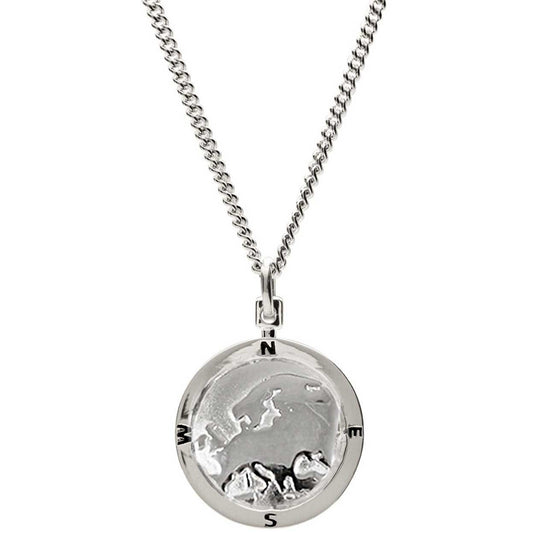 Silver chain necklace featuring a personalized Europe map globe by Scarlett Jewellery