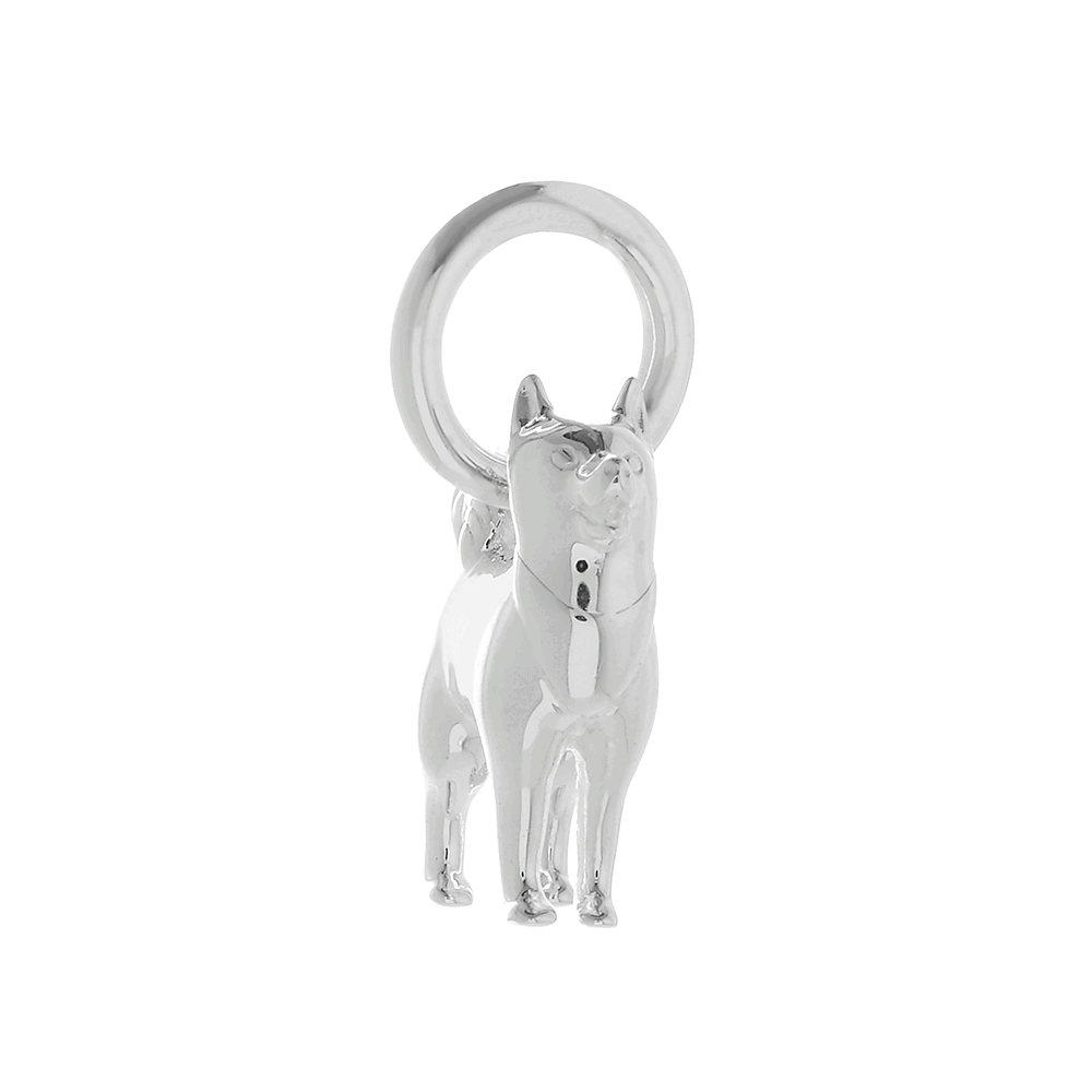 A silver pomsky dog charm hangs on a chain, detailed with realistic fur texture and expressive eyes by Scarlett Jewellery.