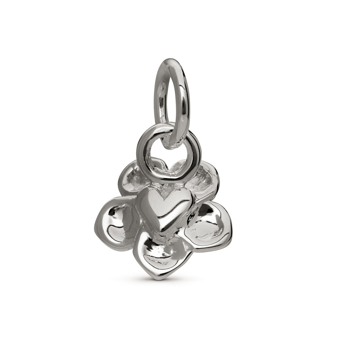Silver forget-me-not flower charm with personalized engraving, displayed on a velvet background by Scarlett Jewellery.