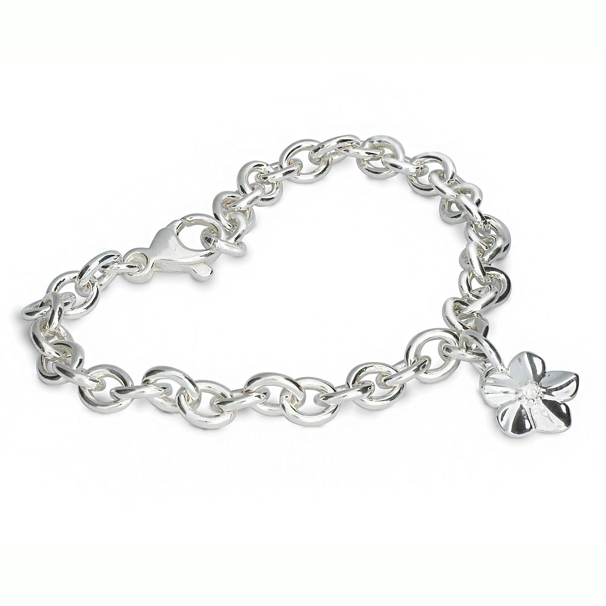 A silver personalised charm bracelet with a forget-me-not design by Scarlett Jewellery