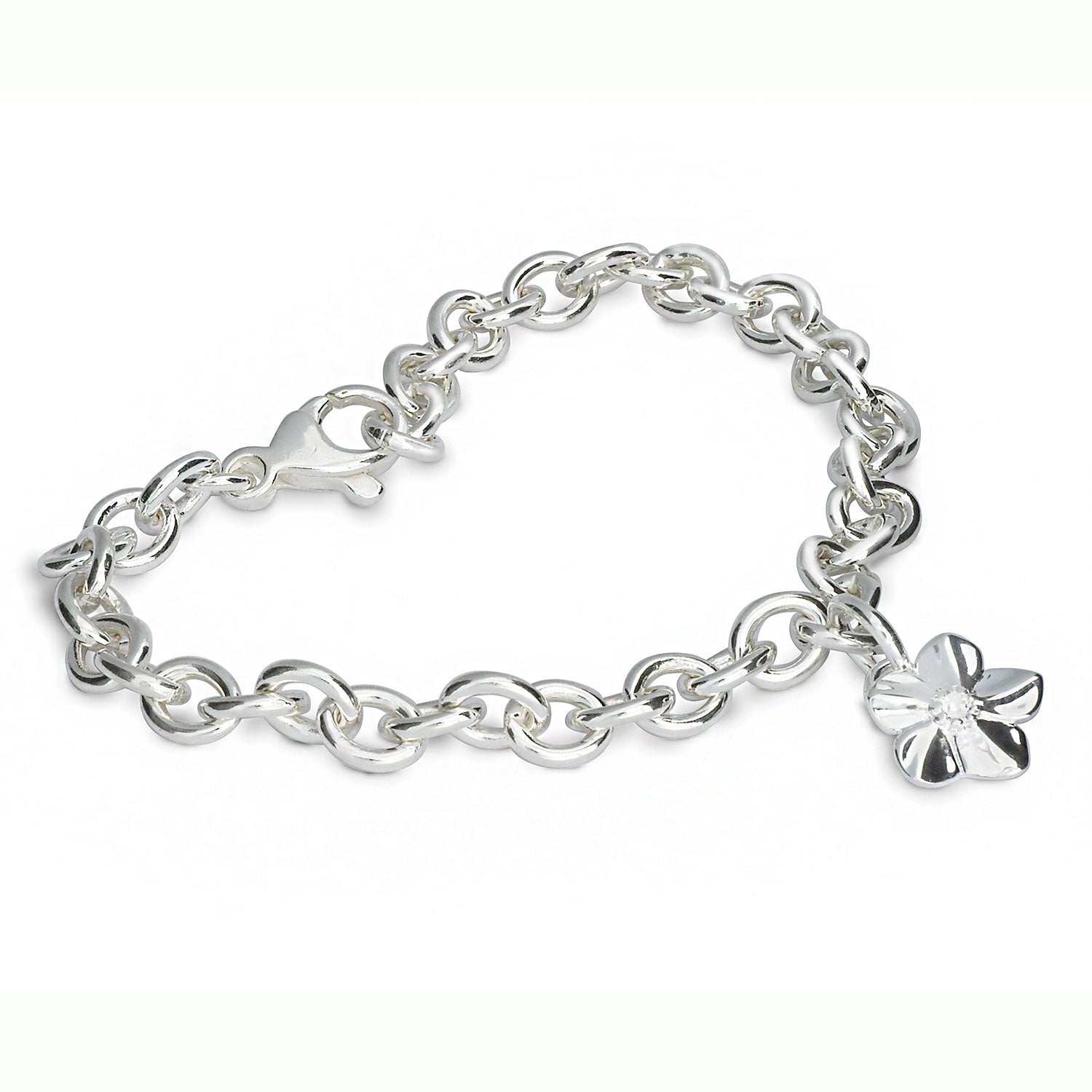 A silver personalised charm bracelet with a forget-me-not design by Scarlett Jewellery