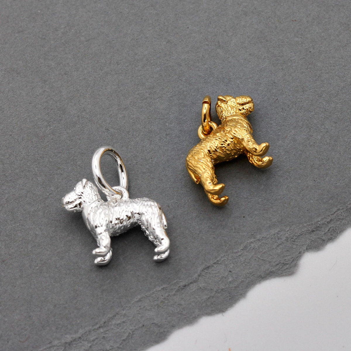 Silver fox terrier dog charm shaped like a small dog with detailed features by Scarlett Jewellery.