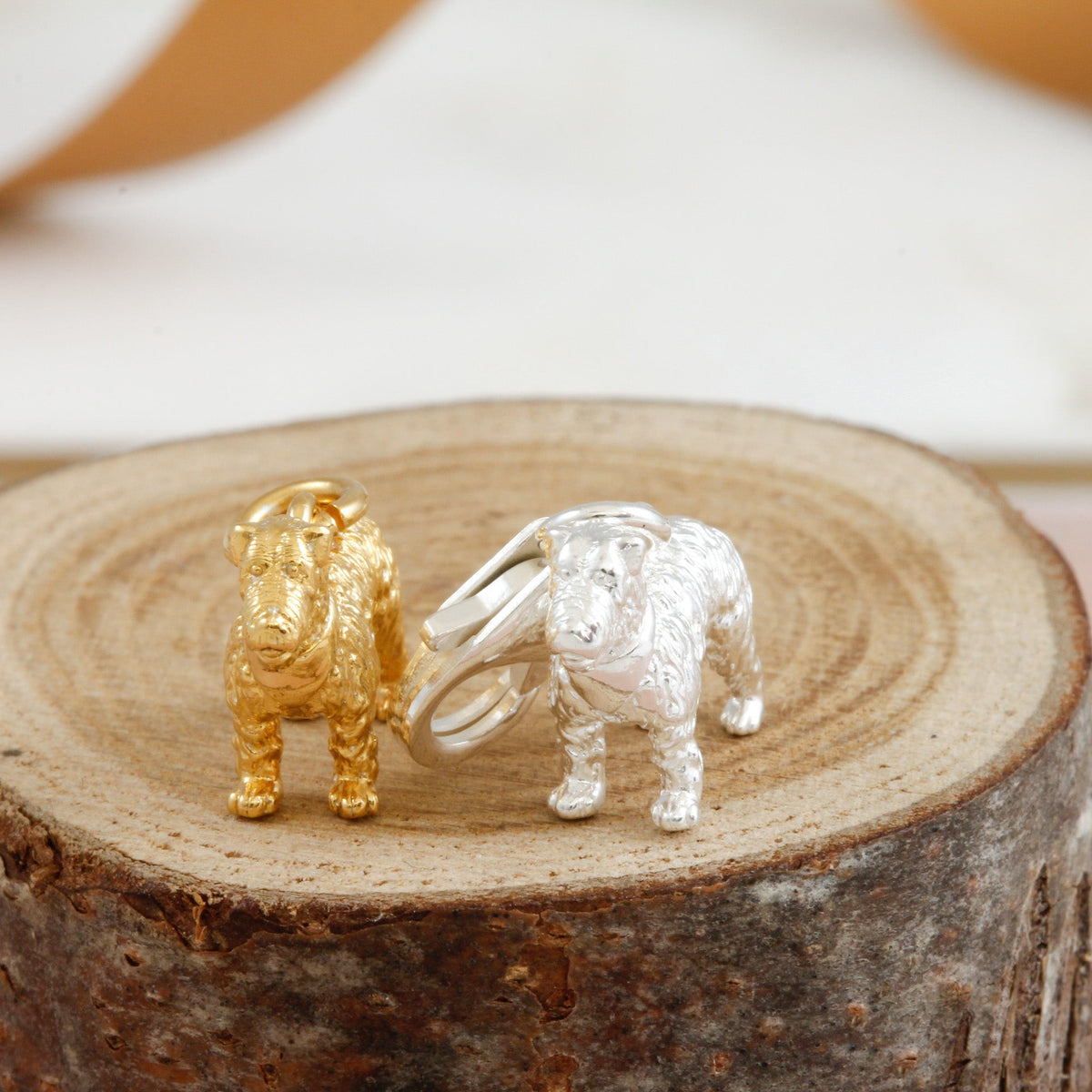Silver fox terrier dog charm with detailed fur texture by Scarlett Jewellery.