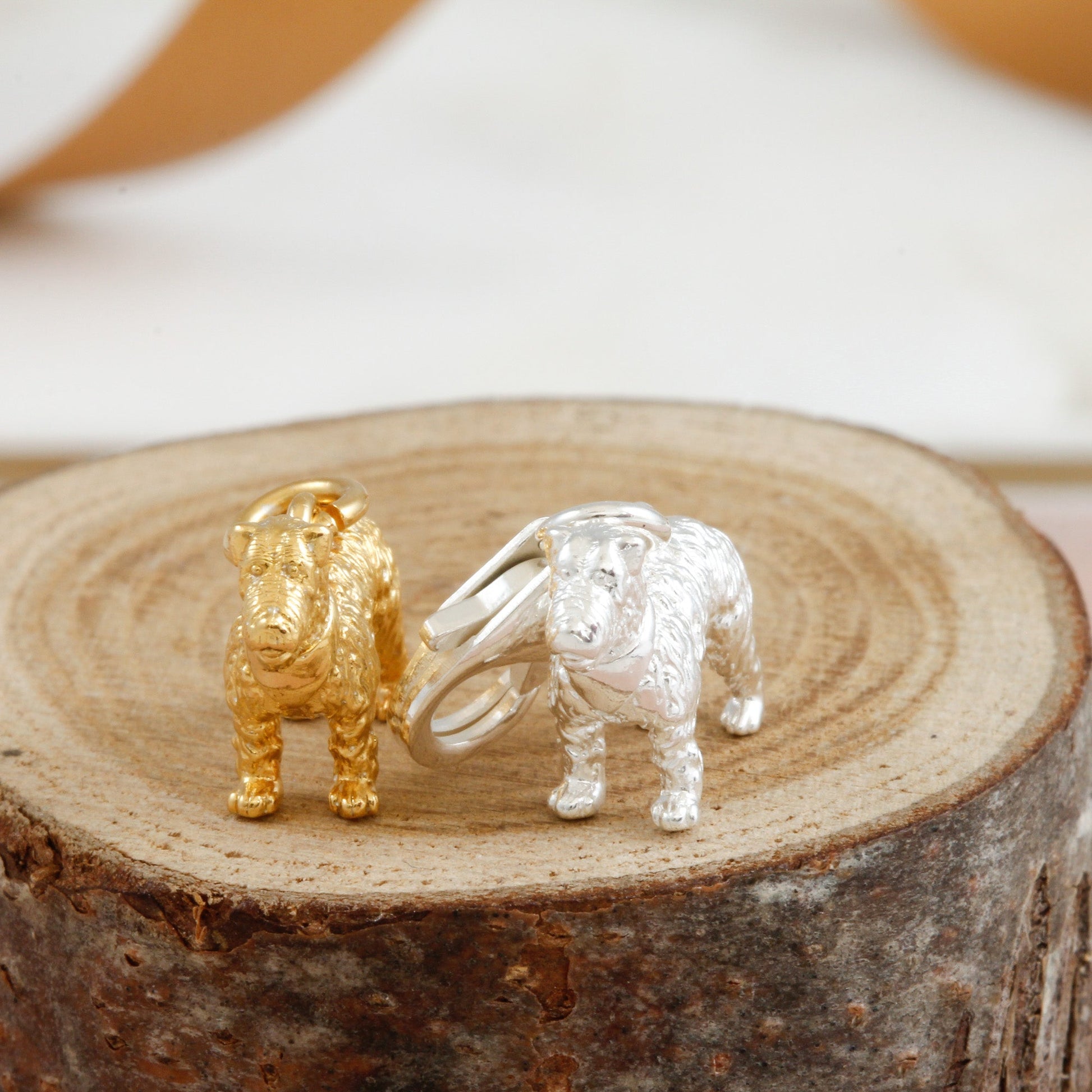 Silver fox terrier dog charm with detailed fur texture by Scarlett Jewellery.