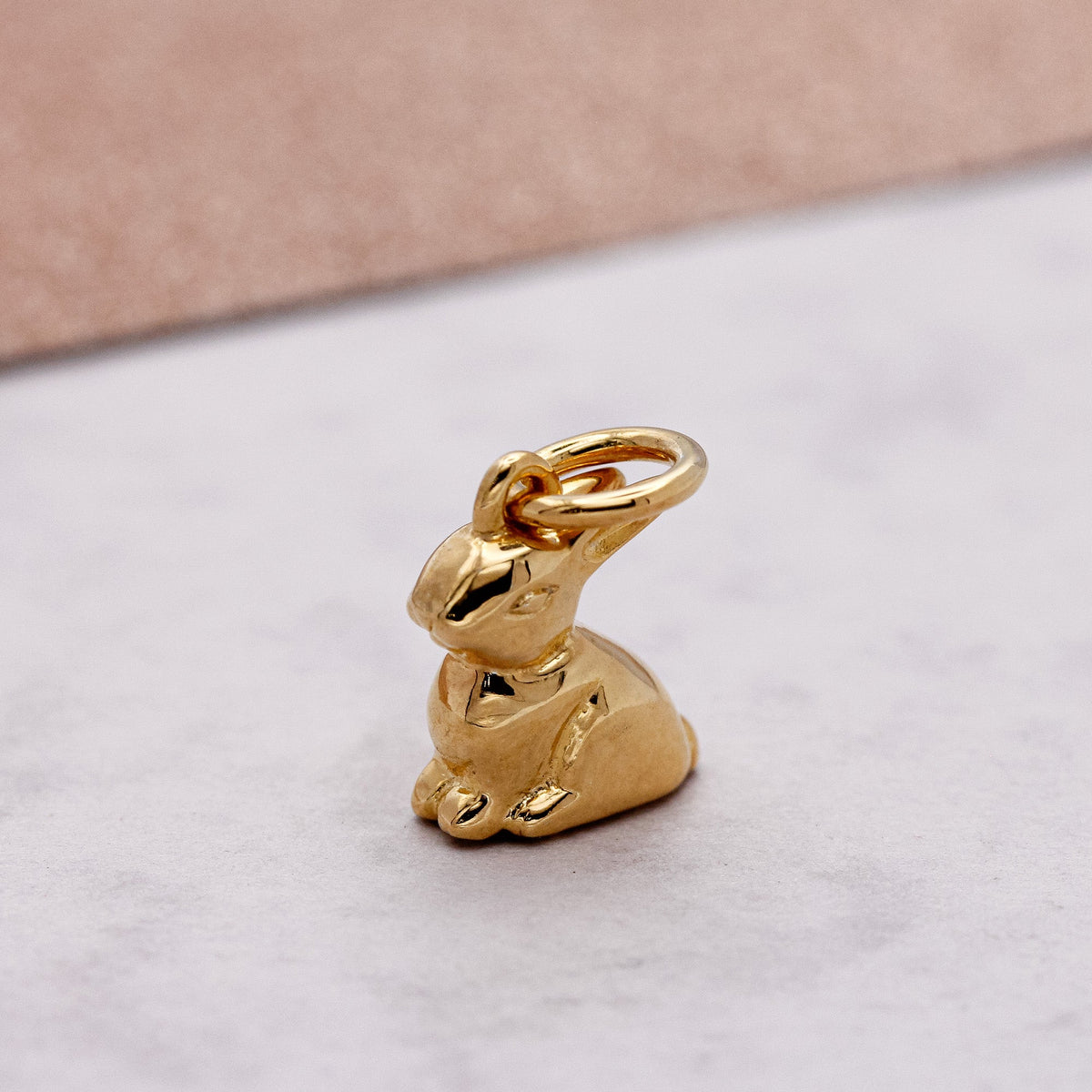 A silver bunny rabbit charm with detailed texture, shown against a soft background, by Scarlett Jewellery.