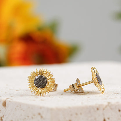 Sunflower silver and gold vermeil stud earrings by Scarlett Jewellery