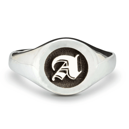 Gothic Initial Round Silver Signet Ring Scarlett Jewellery