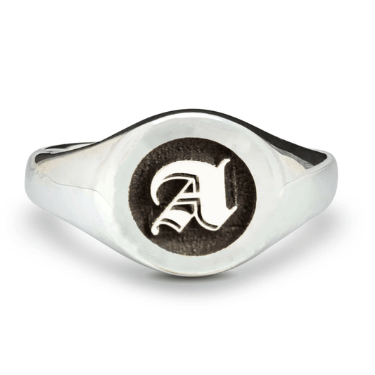 Gothic Initial Round Silver Signet Ring Scarlett Jewellery