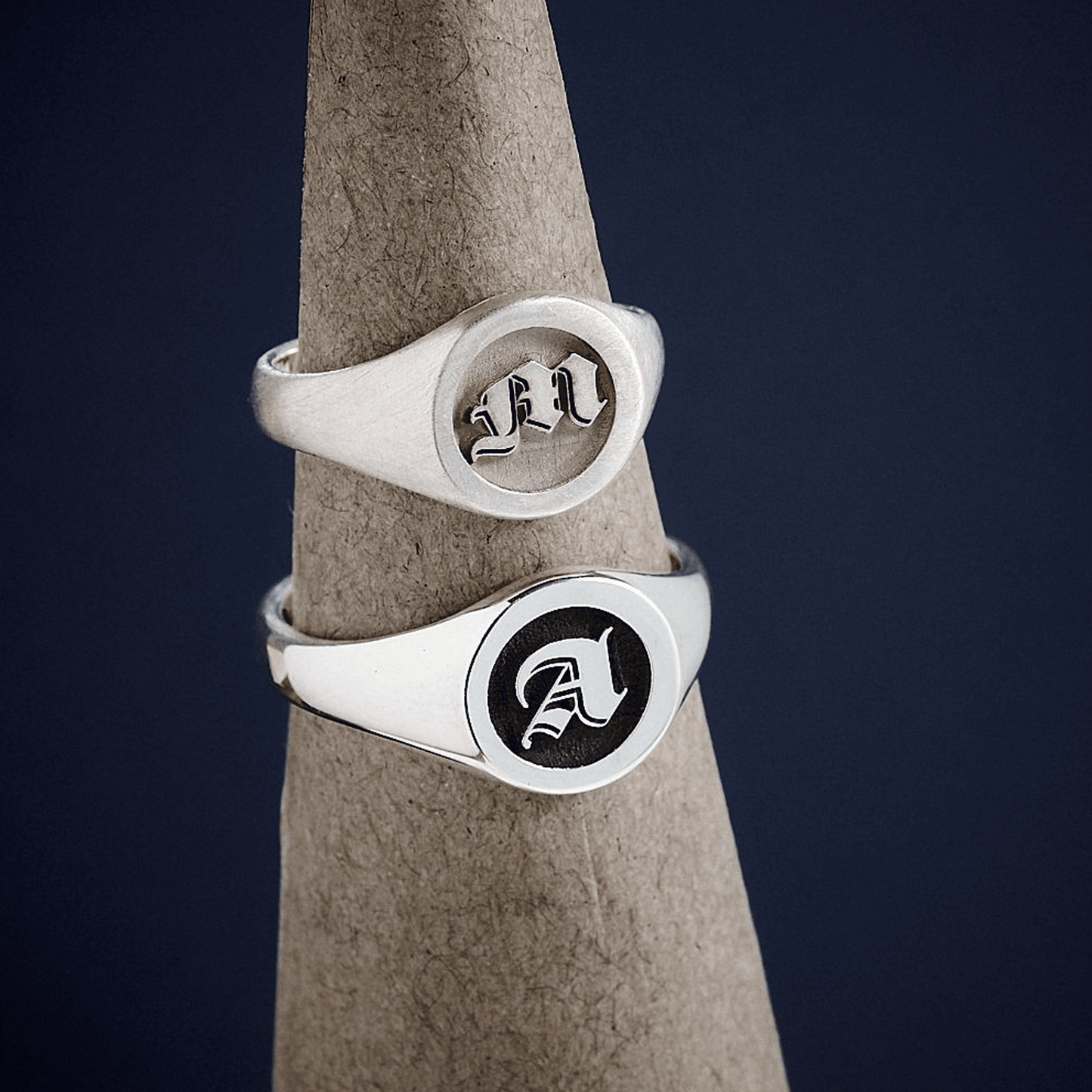Gothic Initial Round Silver Signet Ring Scarlett Jewellery