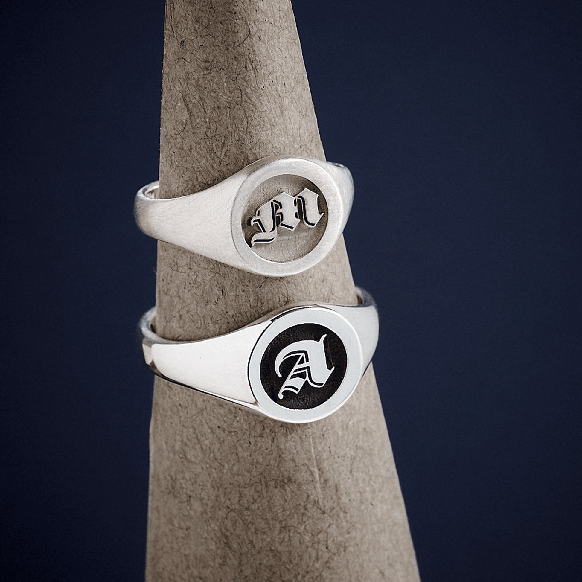 Gothic Initial Round Silver Signet Ring Scarlett Jewellery