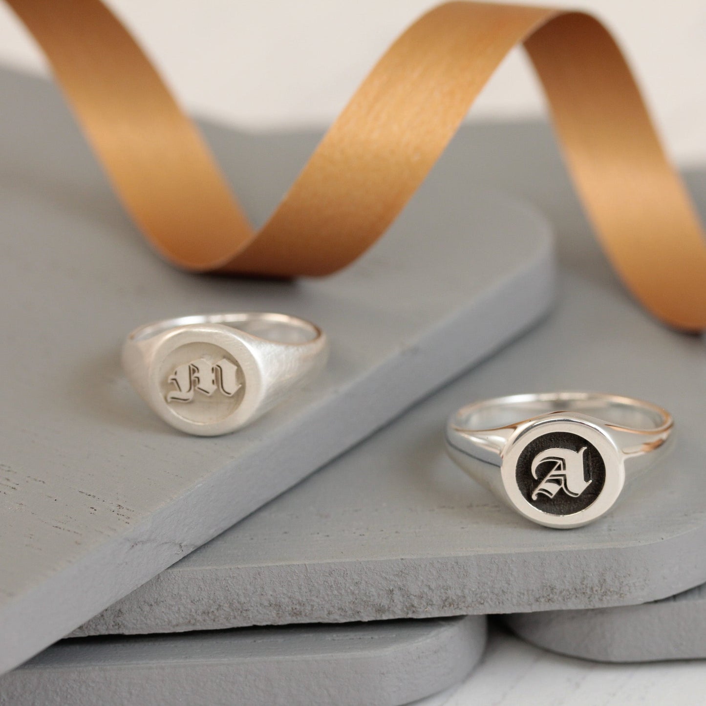 Gothic Initial Round Silver Signet Ring Scarlett Jewellery