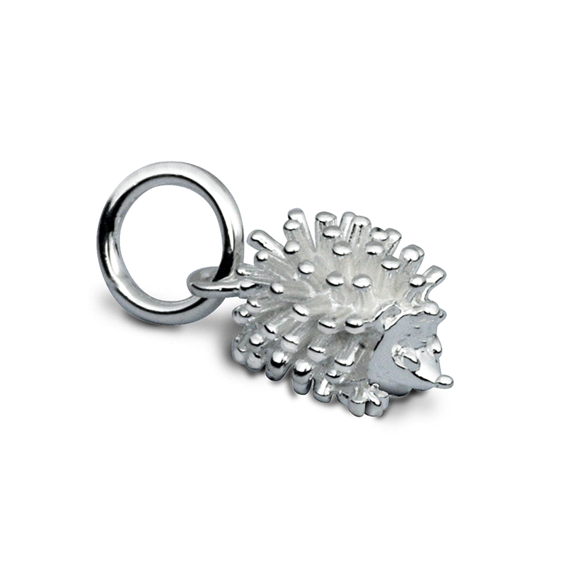 Silver hedgehog charm with intricate detailing, styled on a leather cord, by Scarlett Jewellery.