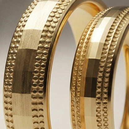 A 5mm gold wedding band with faceted milgrain detailing in 9ct gold, shown against a black background by Majestic Jewellery.