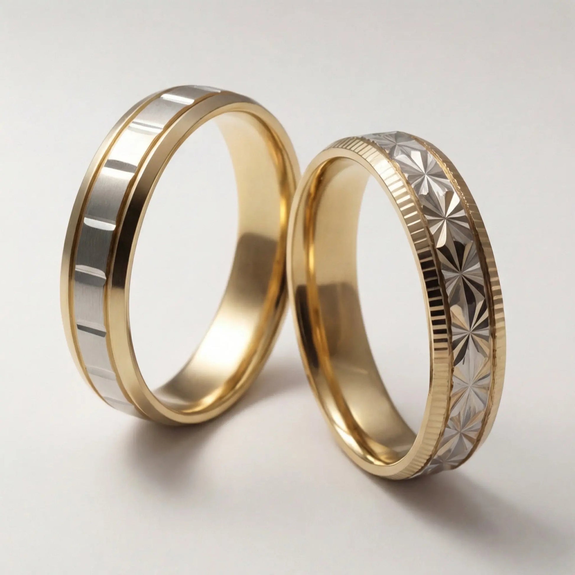 A 5mm gold wedding band with a star cut design, featuring two-tone 9ct and 18ct gold in a polished finish by Majestic Jewelle