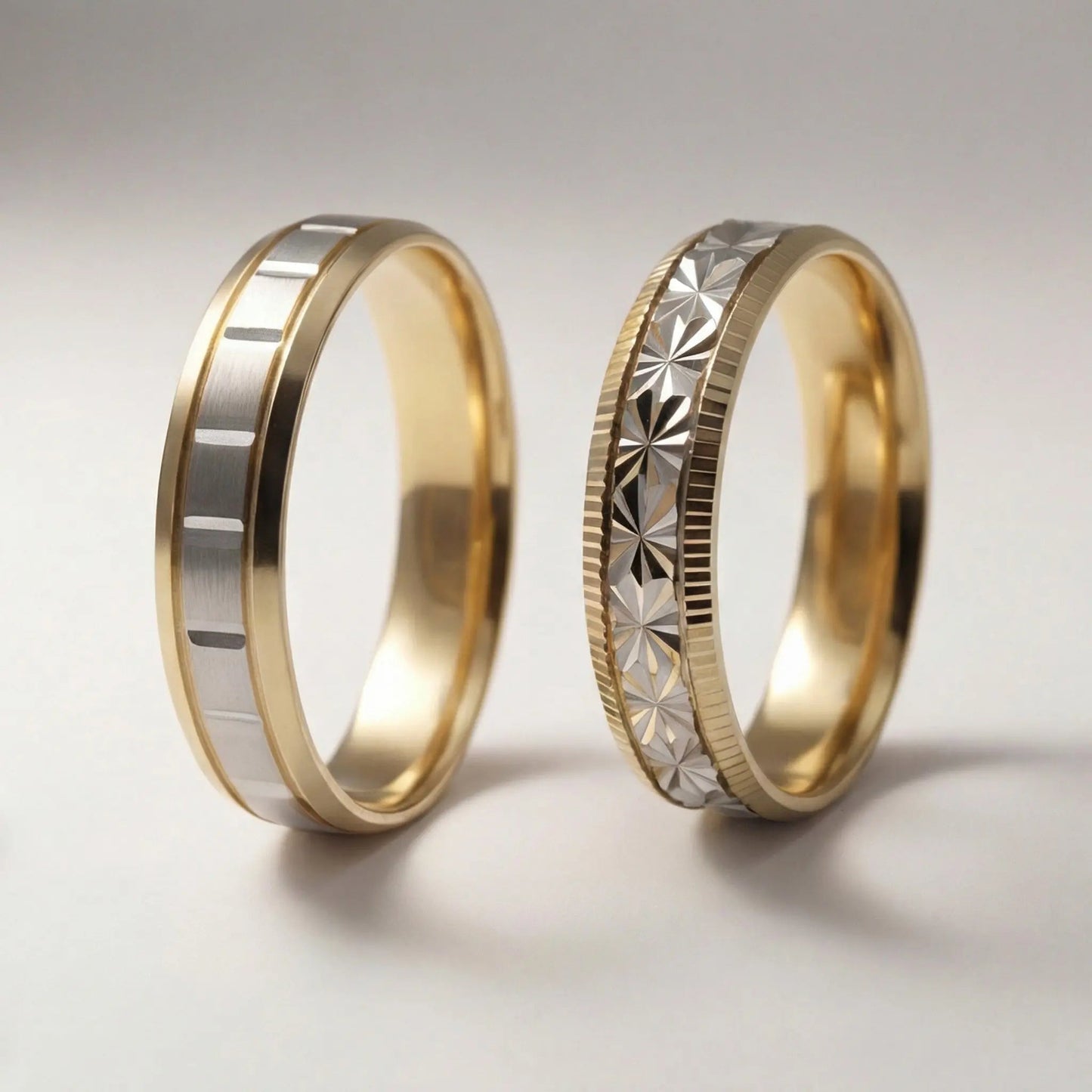 A 5mm gold wedding band with a star cut design in two tone 9ct, 14ct, and 18ct gold by Majestic Jewellery.
