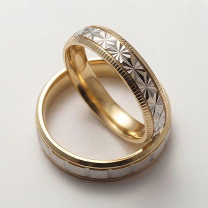 A 5mm gold wedding band with a star cut design, featuring two-tone 9ct and 18ct gold in a polished finish by Majestic Jewelle