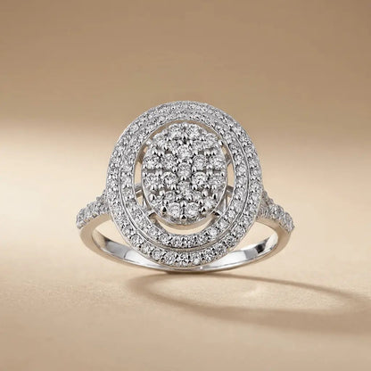 14ct/14K White Gold Natural Diamond Ring – Oval Diamond Halo Majestic Jewellery