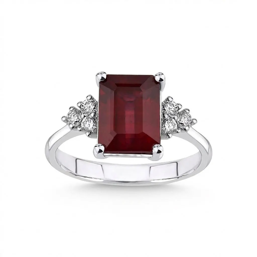 14ct/14K White Gold Natural Ruby & Diamond Ring – Emerald Cut Ruby Diamond Majestic Jewellery