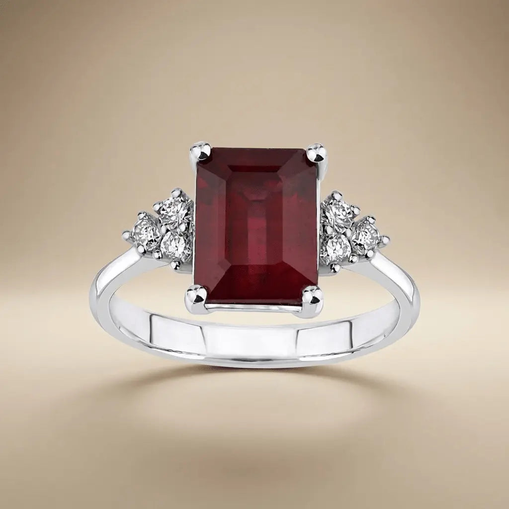 14ct/14K White Gold Natural Ruby & Diamond Ring – Emerald Cut Ruby Diamond Majestic Jewellery