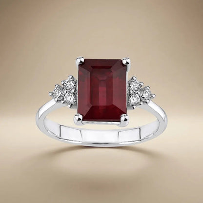 14ct/14K White Gold Natural Ruby & Diamond Ring – Emerald Cut Ruby Diamond Majestic Jewellery