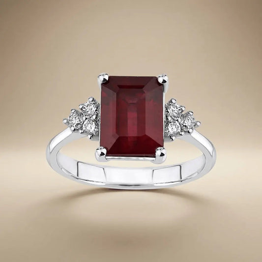 14ct/14K White Gold Natural Ruby & Diamond Ring – Emerald Cut Ruby Diamond Majestic Jewellery