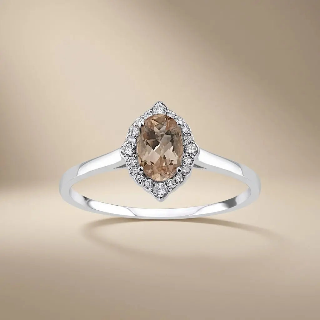 14ct white gold ring with natural morganite and diamond halo by Majestic Jewellery