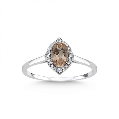 14ct white gold ring with natural morganite and diamond halo by Majestic Jewellery