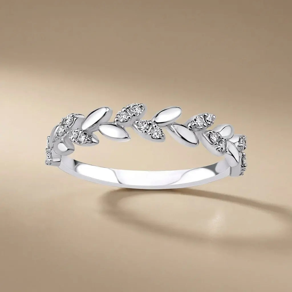 14ct/14K White Gold Natural Diamond Ring – Diamond Leaf 0.16ct Majestic Jewellery