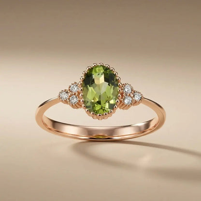 14ct rose gold ring with natural peridot and diamond accent, 0.83ct center stone by Majestic Jewellery.