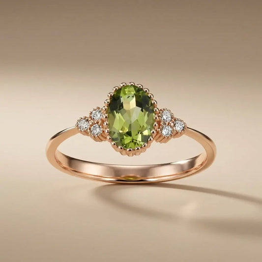 14ct rose gold ring with natural peridot and diamond accent, 0.83ct center stone by Majestic Jewellery.