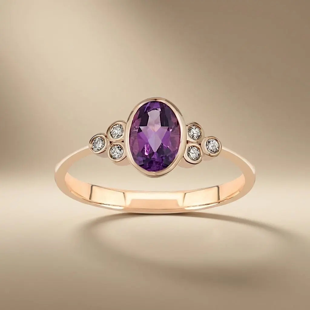 14ct rose gold ring with natural amethyst and 0.54ct diamond by Majestic Jewellery