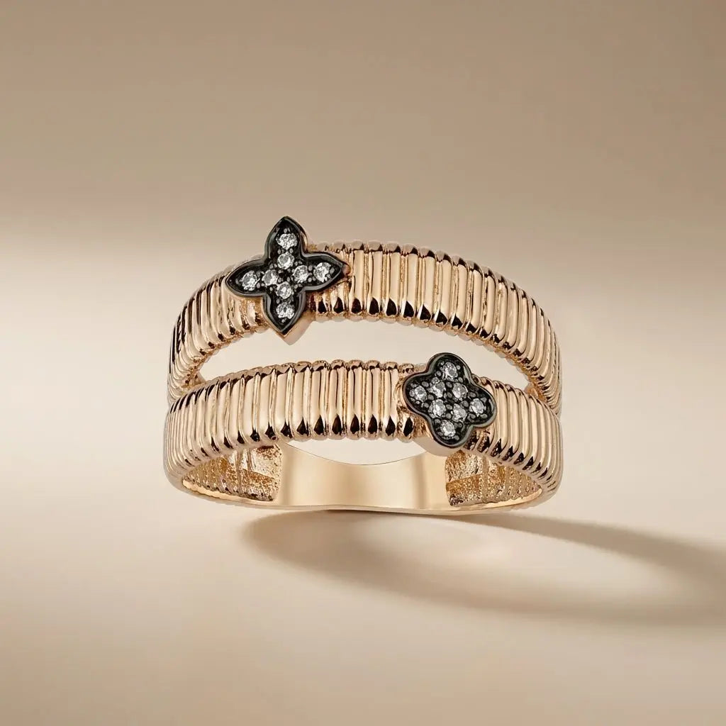 14ct rose gold natural diamond ring with double clover design by Majestic Jewellery