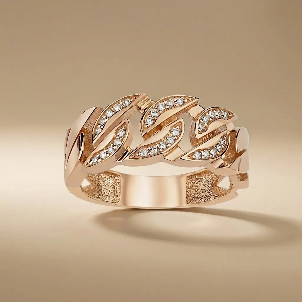 14ct/14K Rose Gold Natural Diamond Ring – Diamond Leaf Link Majestic Jewellery
