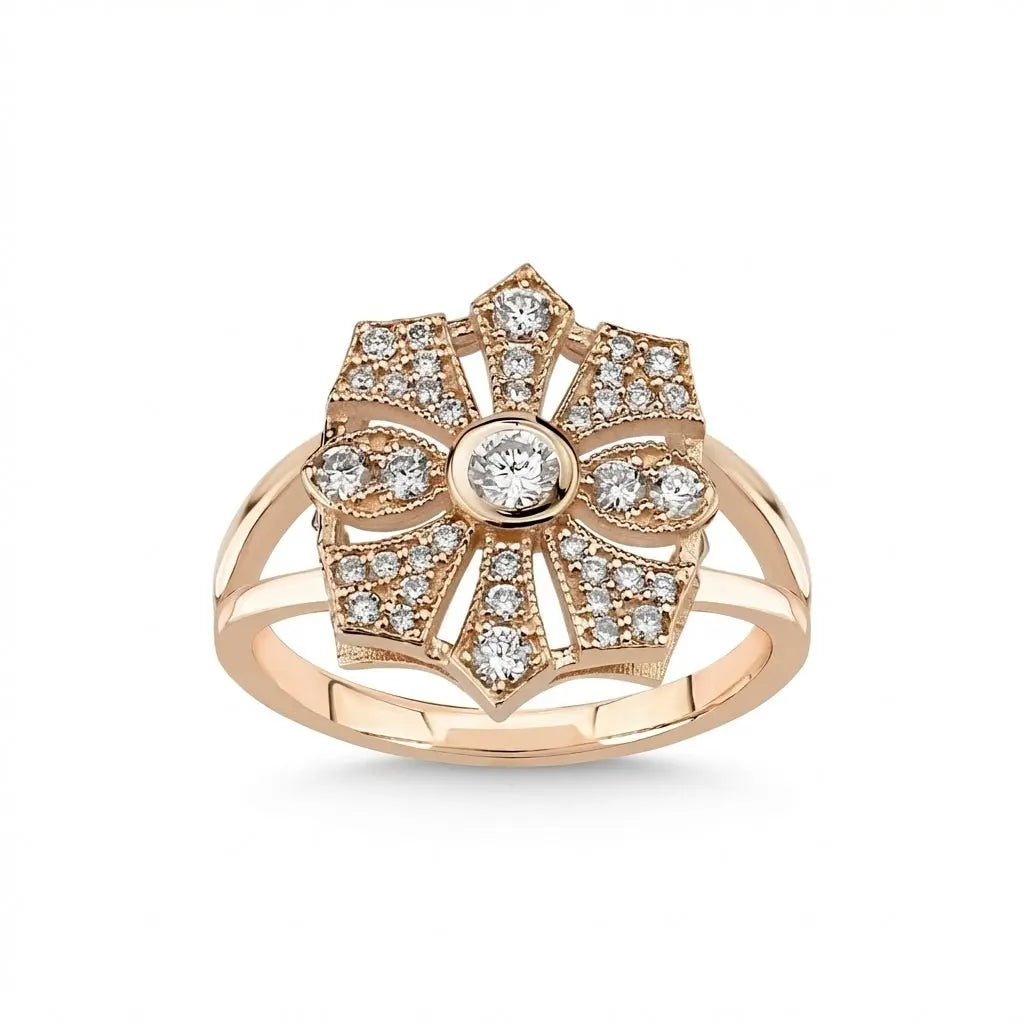 14ct rose gold vintage floral diamond ring with natural center stone by Majestic Jewellery.