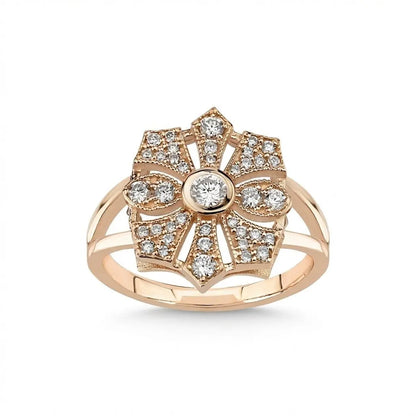 14ct rose gold vintage floral diamond ring with natural center stone by Majestic Jewellery.